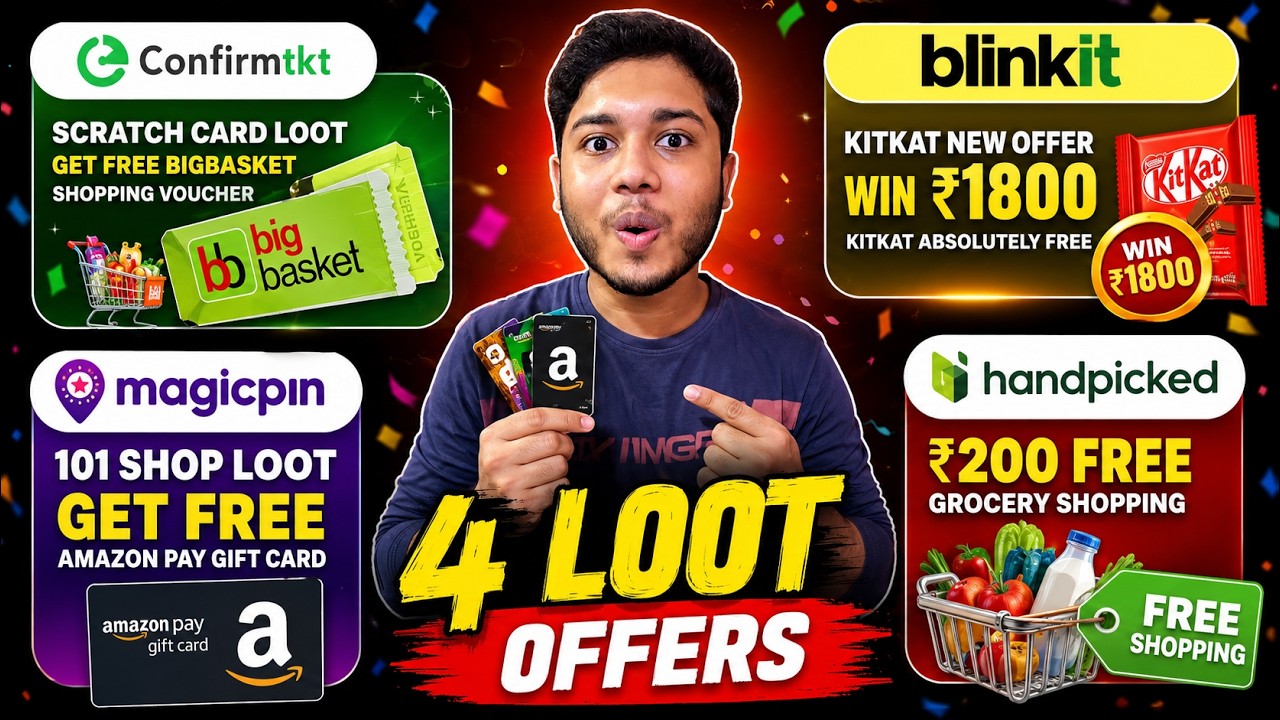 4 NEW LOOT OFFERS 🔥 Free BigBasket Voucher, ₹1800 KitKat, Amazon Pay Gift Card & ₹200 Grocery FREE