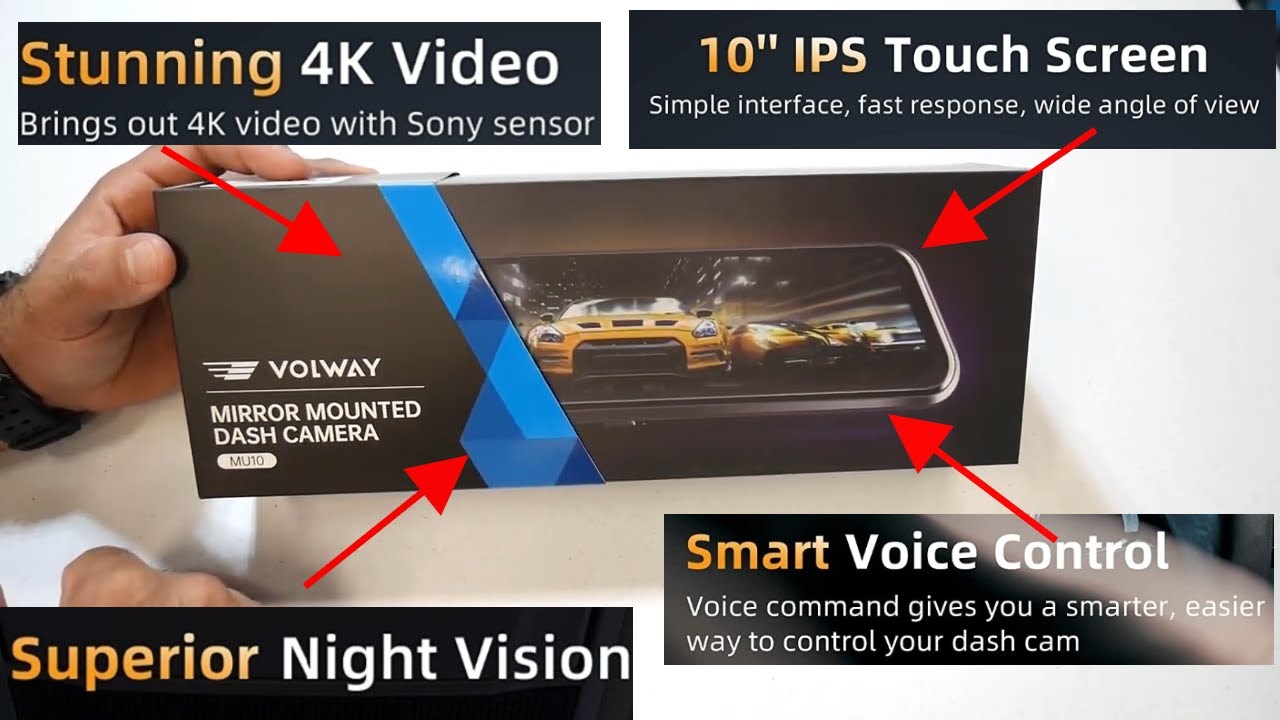 Видеорегистратор Mirror Dash Cam с 10-дюймовым сенсорным экраном, разрешением 4K, голосовым управ...