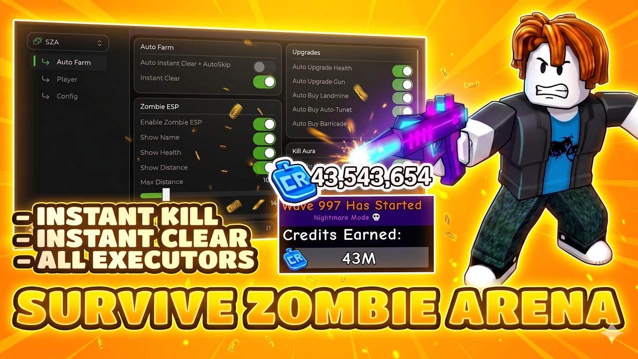 Survive Zombie Arena Script &mdash;  Instant Clear, Safe Auto Farm, KillAura, Instant Kill (BEST)