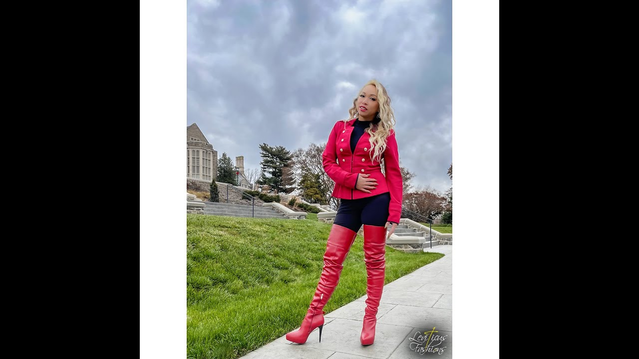 MARIA MODELS WINTER FASHIONS RED MILITARY STYLE JACKET BLACK BODYSUIT CRIMSON LEATHER THIGH BOOTS