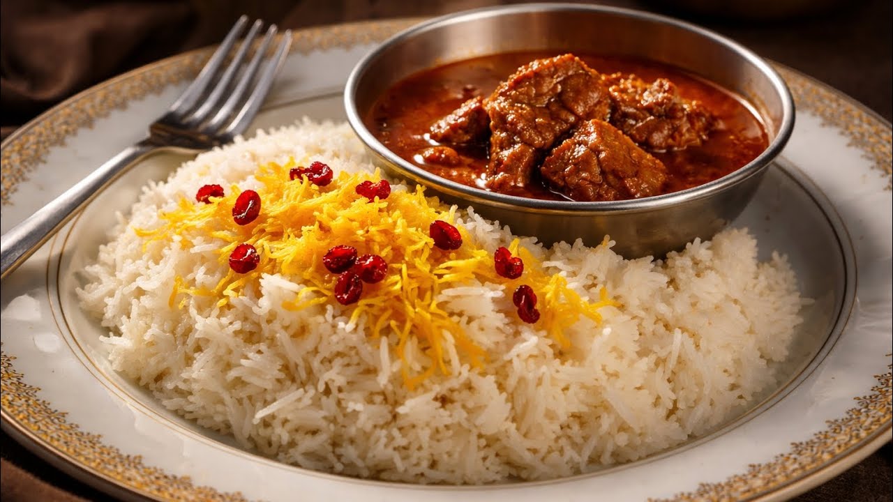 أرز إيراني مفلفل باللحم والزرشك 🍖 | وصفة أصلية منزلية لا تُقاوم!