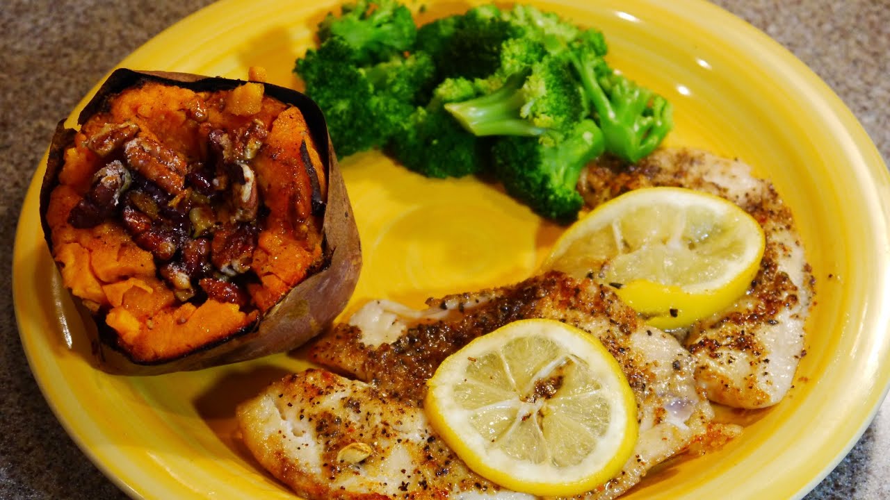Sunday Dinner: Baked Herbal Lemon Pepper Tilapia , Steamed Broccoli and Sweet Potato w/Glazed Pecan
