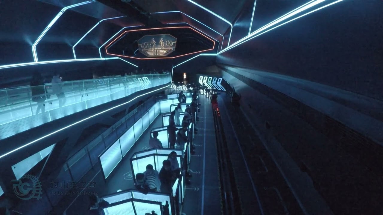 Tron Lightcycle Power Run station overview nerd shot 4 min with music loop Shanghai Disneyland