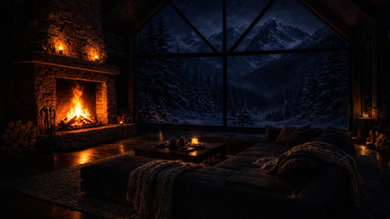 No Ads ❄️ Cozy Winter Ambience No Music with Blizzard Sounds & Crackling Fireplace