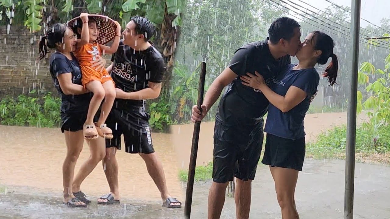 Huong & Quy woke up to the sudden rain and flooding around the house. ( Lý Thị Hương daily life