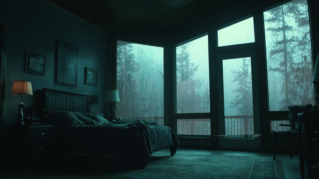 Heavy Rain on Window in a Forest Bedroom - Calming Rainstorm Sounds for Sleep and Calmness