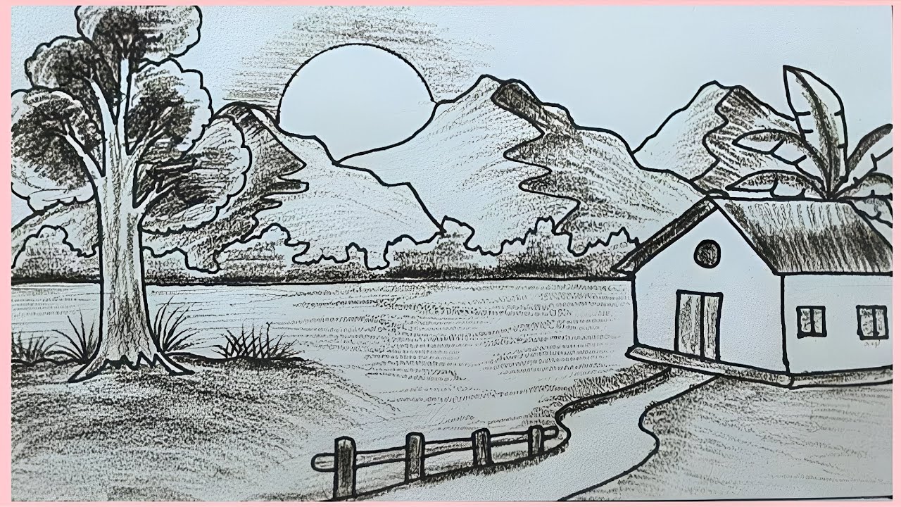 পাহাড় সহ গ্রামের দৃশ্য অংকন || Draw Landscape Village Scenery With Pencil Sketch. #sketch #scenery 