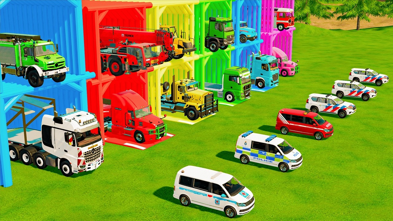 TRANSPORTING PUBLIC WORK VEHICLES, FIRE ENGINE, AMBULANCE, POLICE CARS, DUMP TRUCK TO GARAGE - FS22