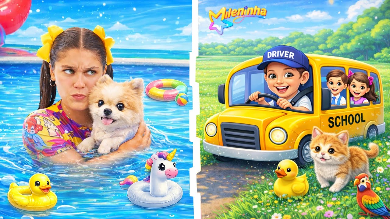 Mileninha e Belinha Brincam de Regras de Conduta na Piscina e na Escolinha Aprendem sobre Animais 🐶