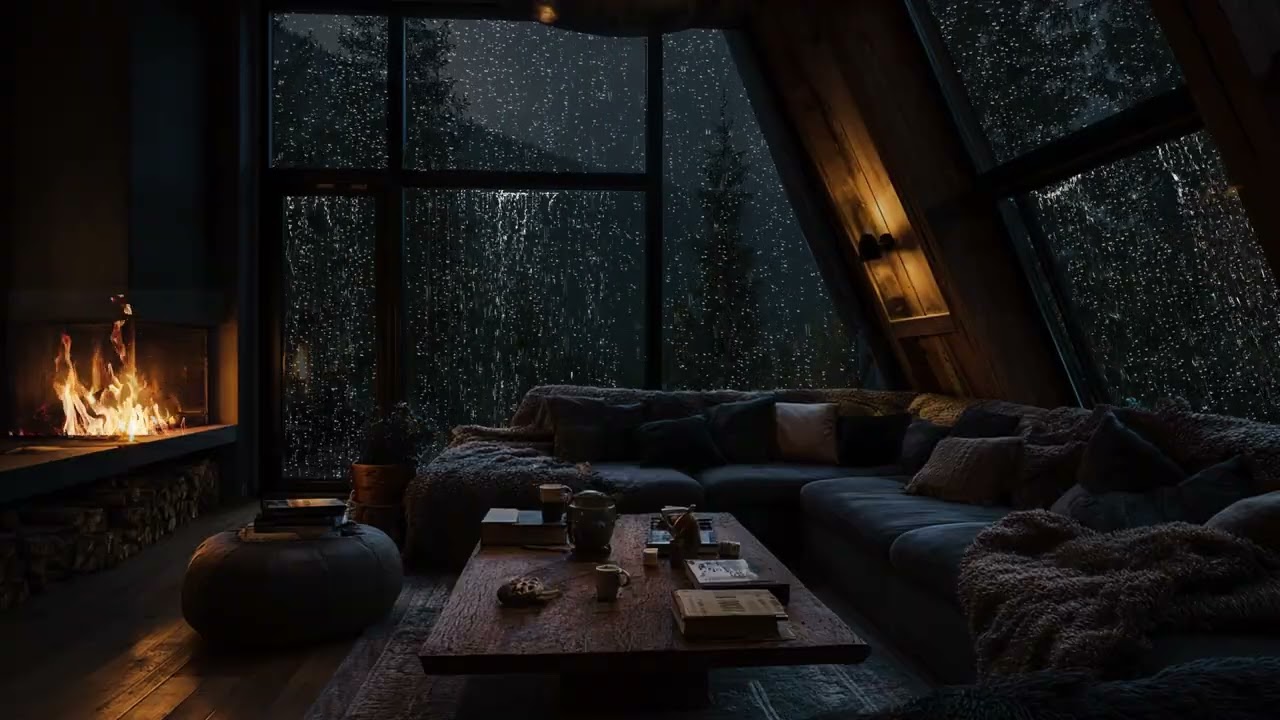 Relaxation Rain and Fireplace Ambience for Sleep | Rustic Cabin Loft in the Woods