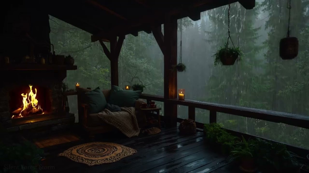 Rainy Forest Balcony 🌧️ Soft Thunder & Fireplace | Dark Bedroom Atmosphere for Deep Relaxation
