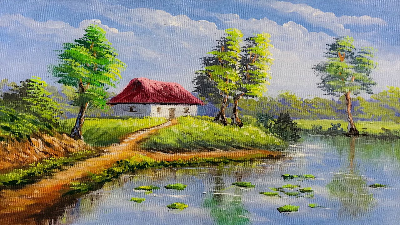 🔴 Beautiful Painting Of House On The Lake  |  Acrylic landscape painting Tutorial