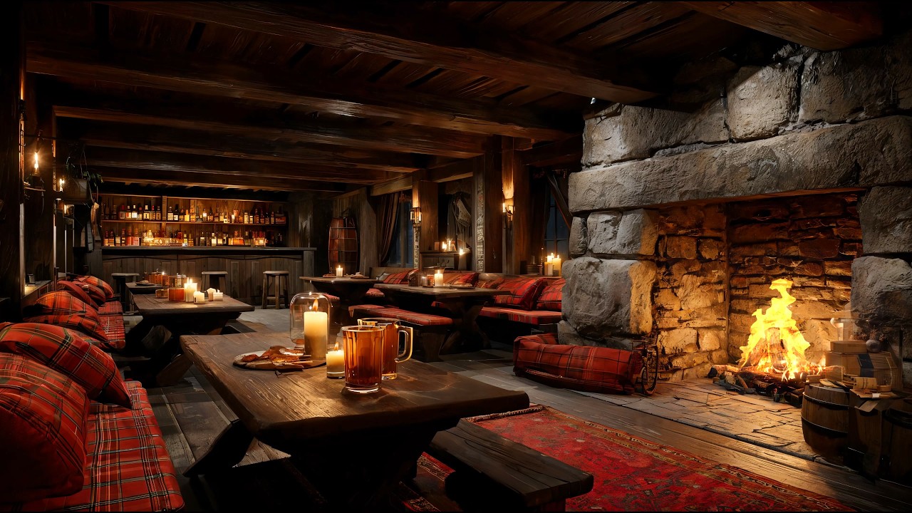 Scottish Highland Pub Ambience 🍺 Cozy Fireplace & Celtic Folk Music | Relax & Focus