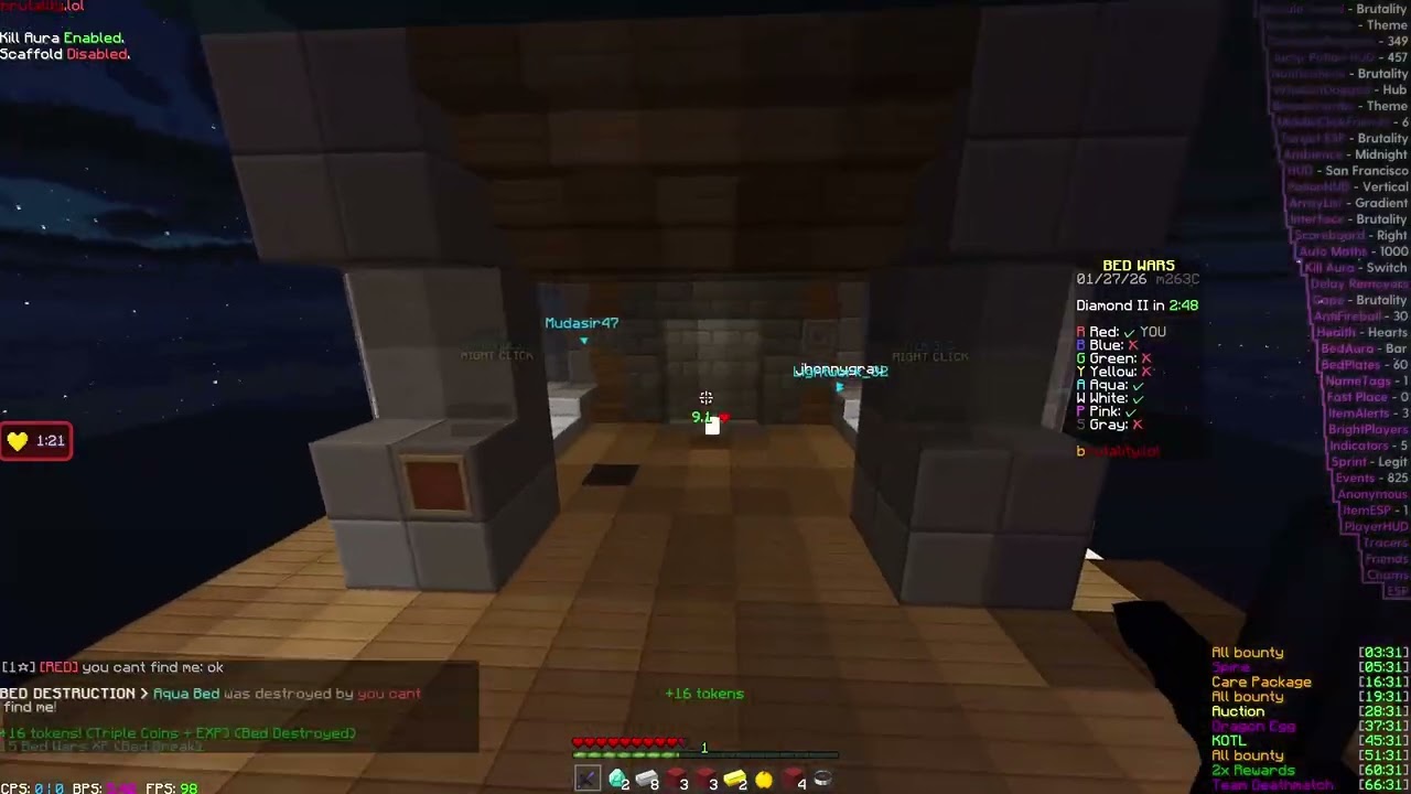 Brutality client dominating bedwars with bedaura autoblock scaffold & more! (cut boring parts only)