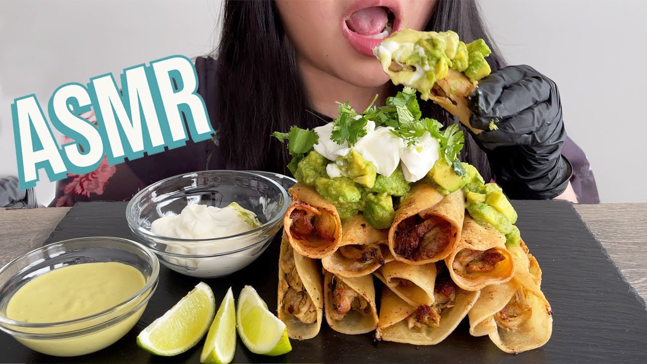 ASMR CRUNCHY TAQUITO CREAMY AVOCADO PYRAMID MUKBANG | MEXICAN FOOD ASMR ( No talking, Eating sounds)