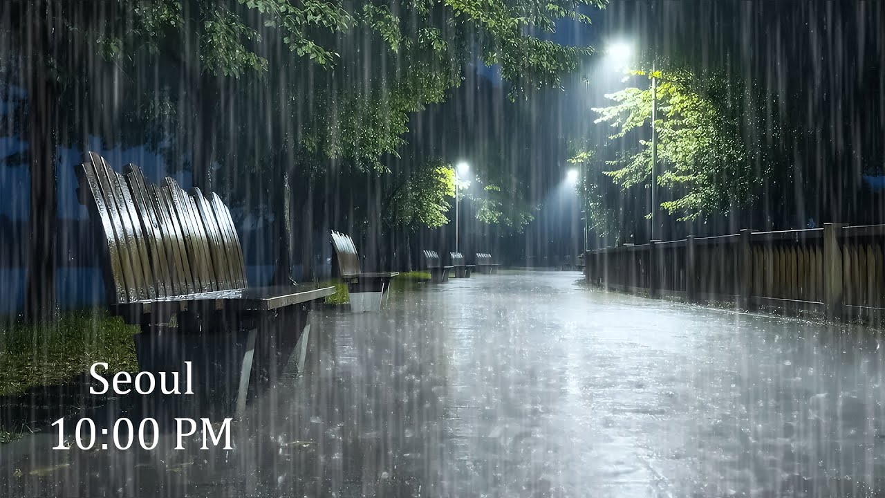 Rainy Night on Quiet Night Park | Rain Ambience to Sleep, Relax | ASMR Gentle Rain