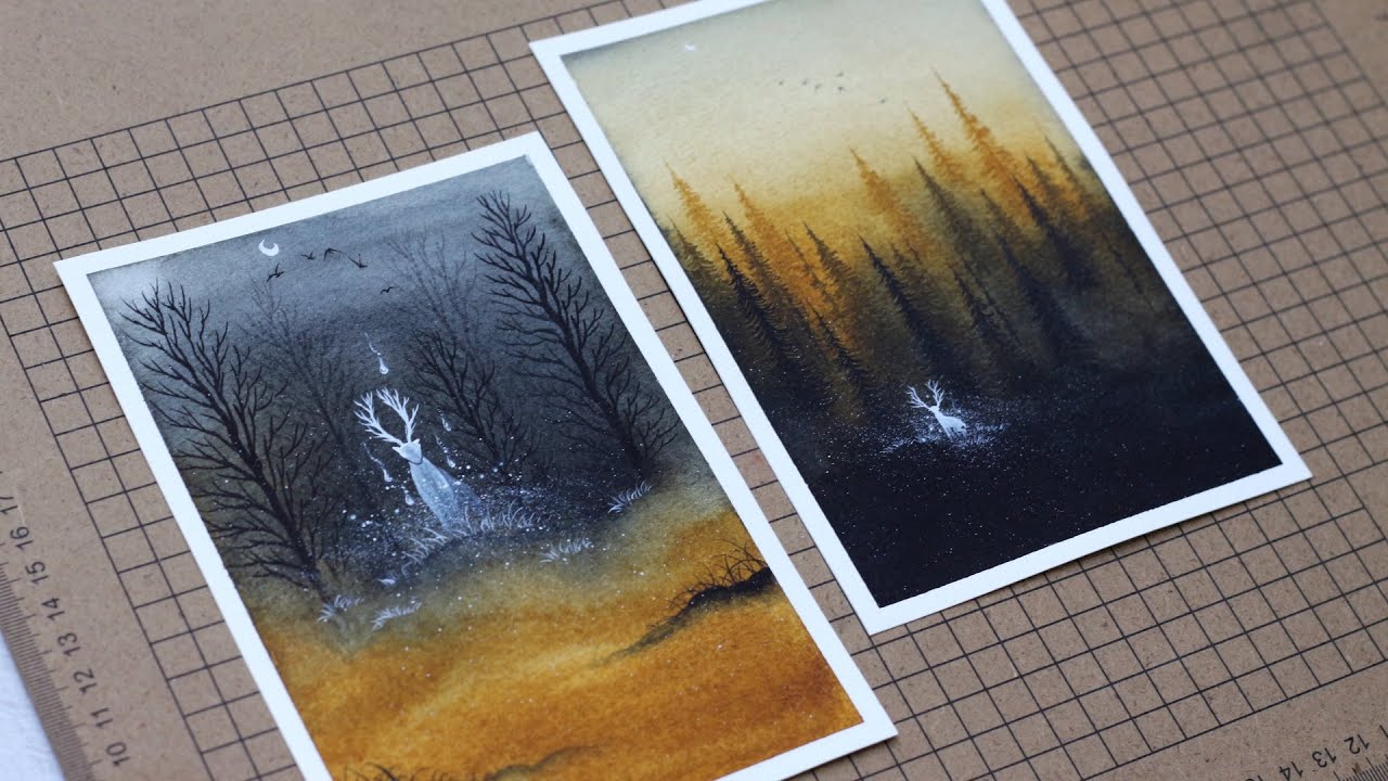🖌️Khu rừng và chú nai| Watercolor Tutorial| Landscape✨