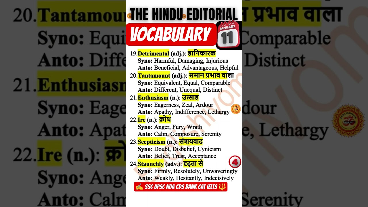 The Hindu Editorial Vocab: 6 TOP Words with Hindi Meaning | 11 January 26 | UPSC SSC IELTS BANK CAT