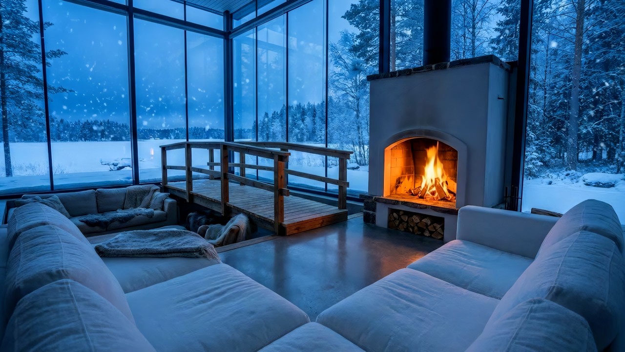 🏡❄️ Gentle Piano for Winter | Cozy Lounge, Snowfall & Candlelight | 5 Hours Calm Meditation Study