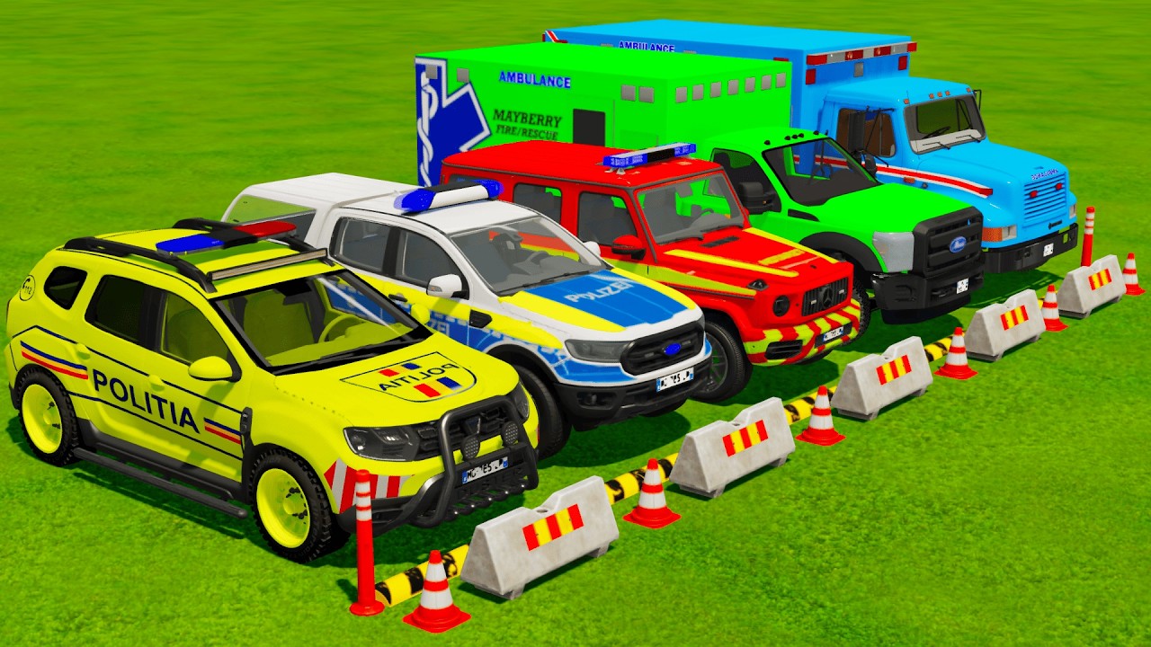 TRANSPORTING POLICE CARS DACIA, FORD, MERCEDES & TWO AMBULANCE ENGINE WITH MAN TRUCK