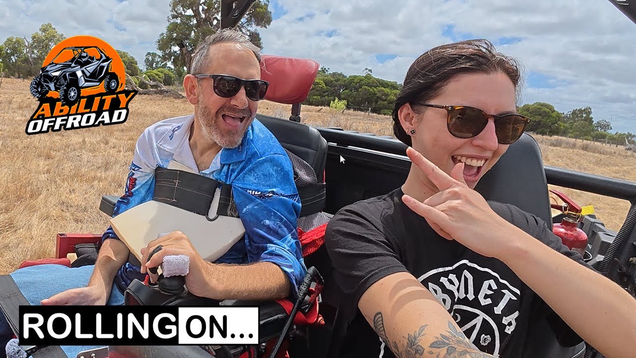 JUSTIN TAKES ON THE CHALLENGE IN THE OFF ROAD WHEELCHAIR JOYSTICK DRIVE POLARIS AND HITS THE TRACKS