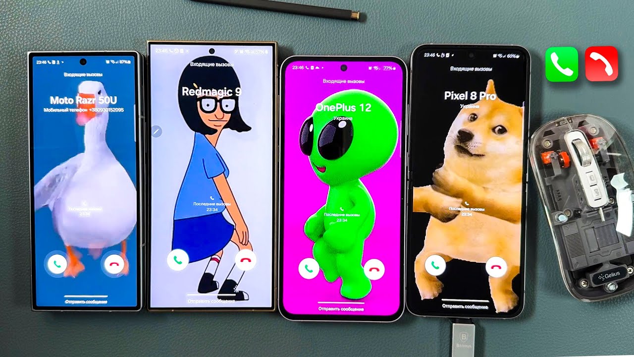 Ложный вызов против входящего вызова с управлением мышью Samsung Z Fold 6 + S24 Ultra + Z Flip 6 ...
