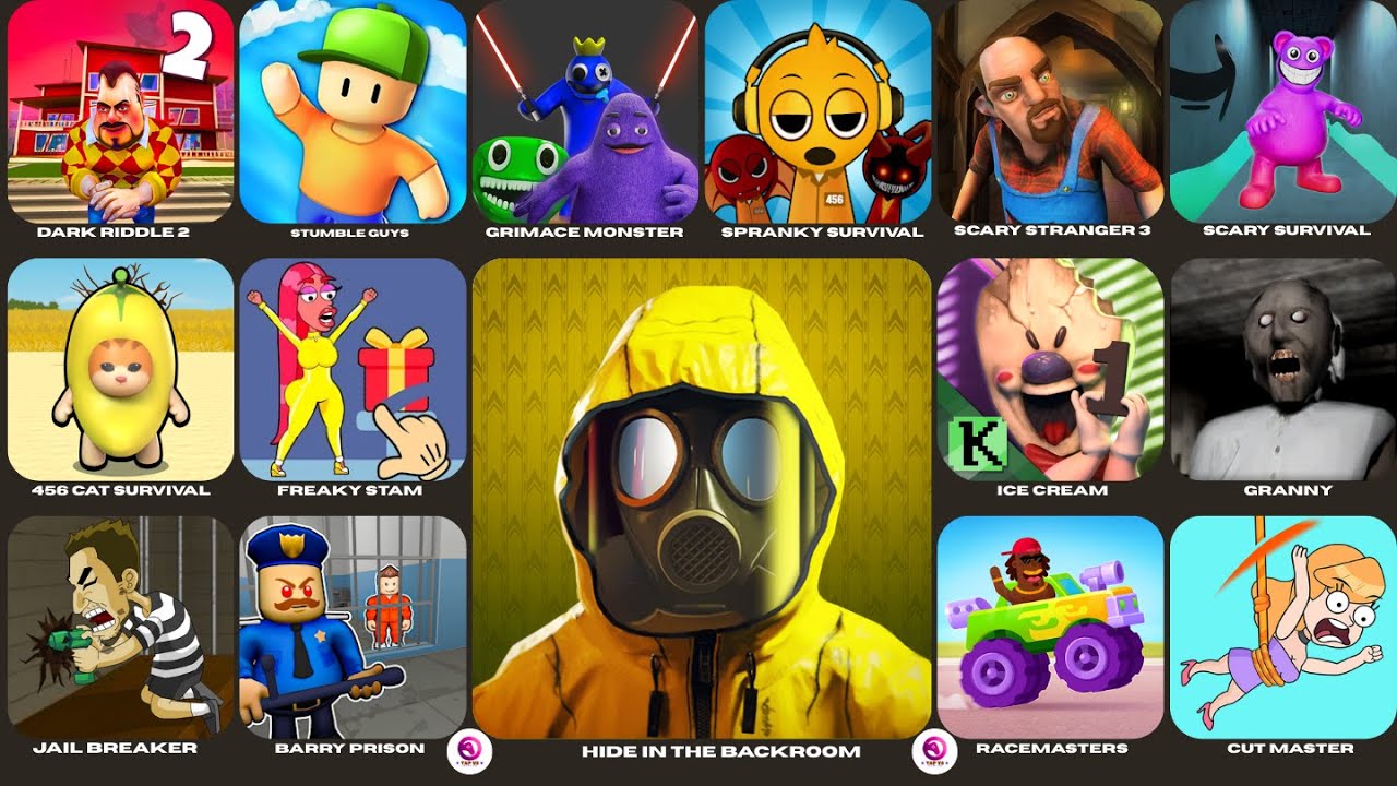 Hide In The Backroom,Roblox,Dark Riddle 2,Freaky Stan,Granny,Grimace Monster Scary Survival,Among