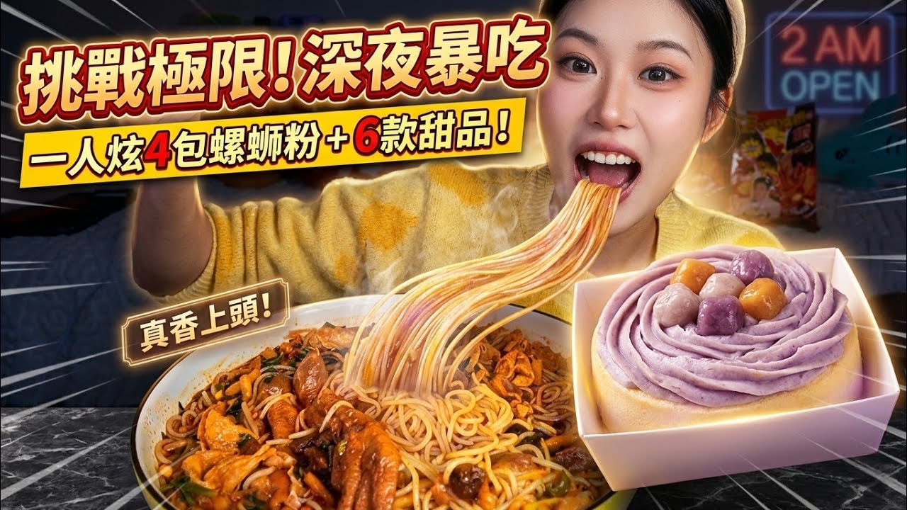 深夜暴吃挑战｜一人炫4包螺蛳粉+6款甜品盒子！真香上头实录