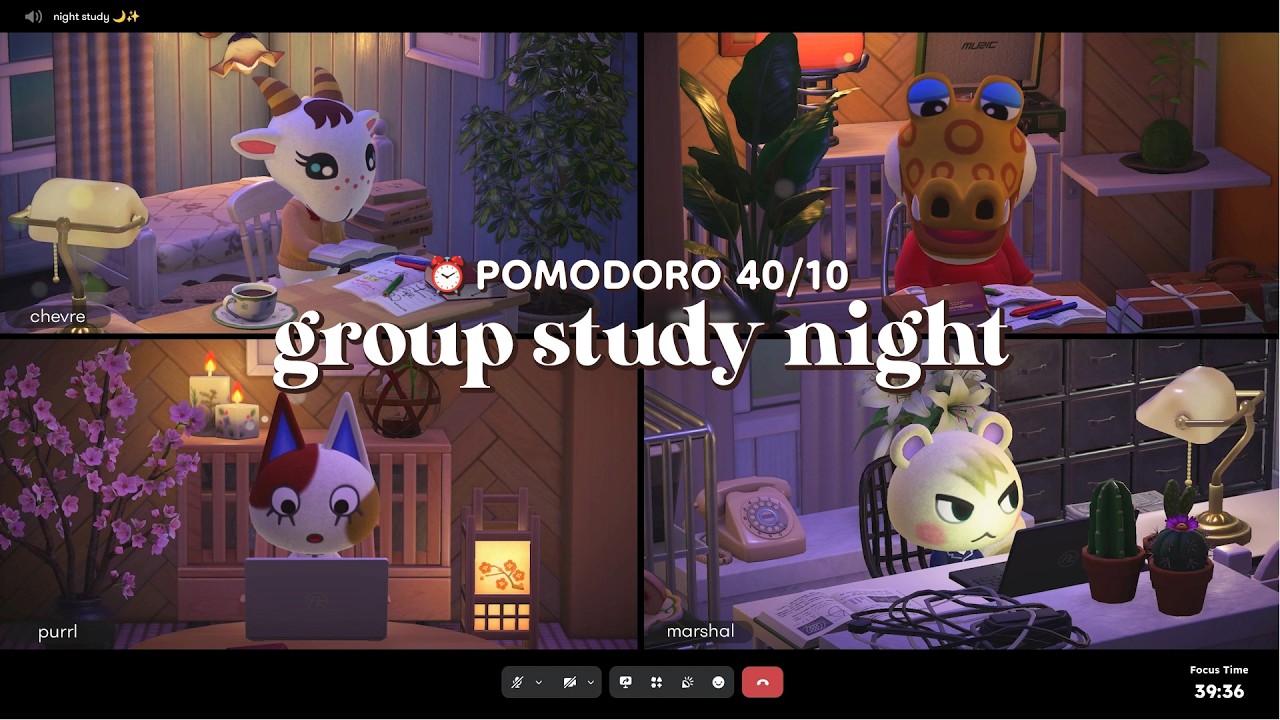 group study night 🌙✨ pomodoro 40/10 ⏰ cafe jazz bgm, fire crackling, ambience | acnh study aid