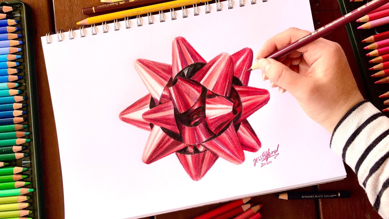 HOW TO DRAW A RED FOIL CHRISTMAS BOW | drawing metallic objects with coloured pencils