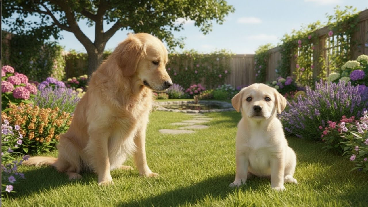 Golden Retriever Meets Terrified Rescue Puppy for the First Time