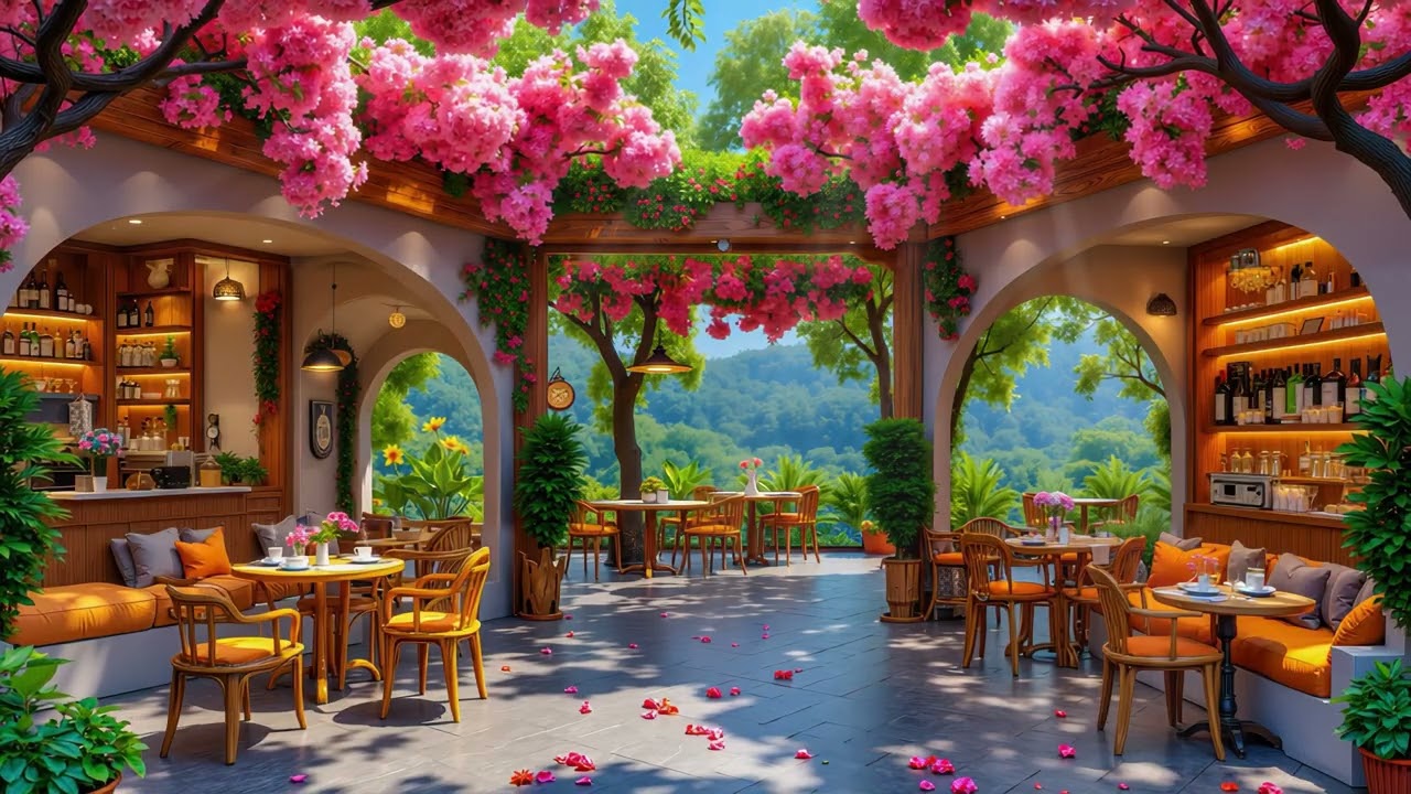 Peaceful Jazz in a Secret Garden Cafe | Spring Nature Ambience for Calm Reflection
