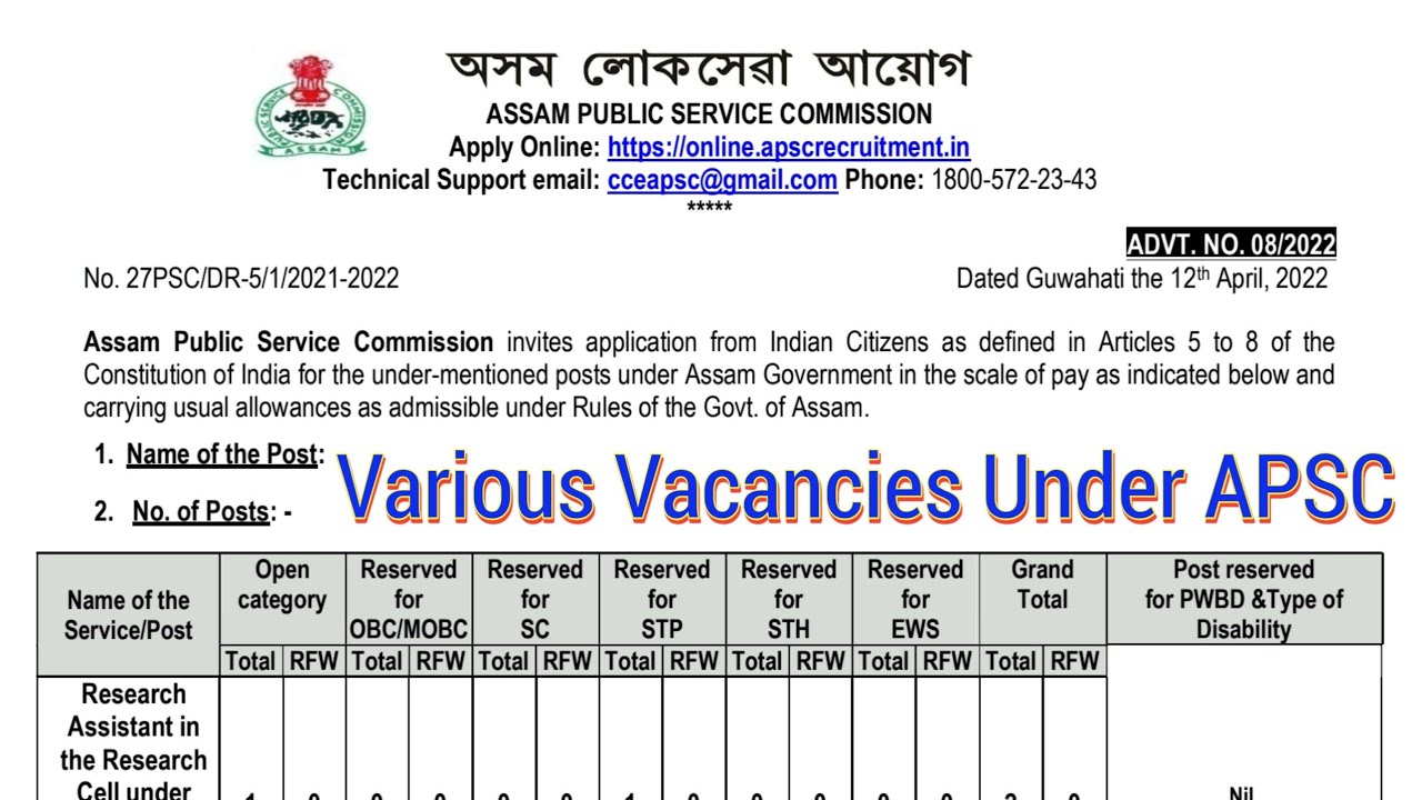 APSC New Vacancy 2022 Various job // new vacancy under APSC Apply Online Last date 5/05/2022