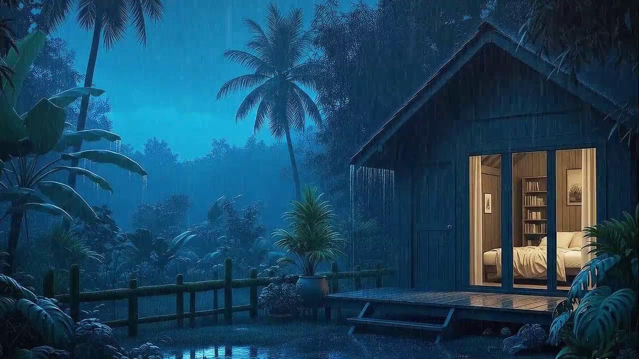 Soft Rain and Soft Thunder Ease Thoughts Sleep Sounds in a Quiet Tropical Cabin 🌧️