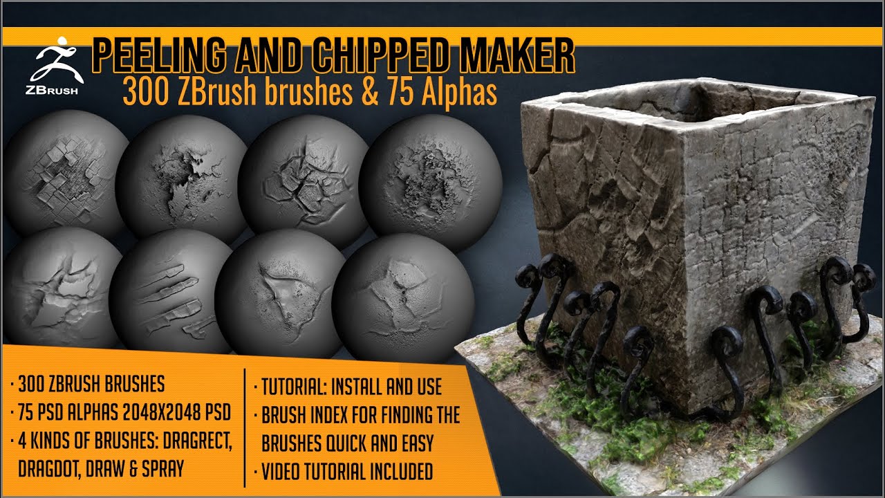 How to sculpt decay on surfaces with Peeling and Chipped Maker for ZBrush by Artistic Squad