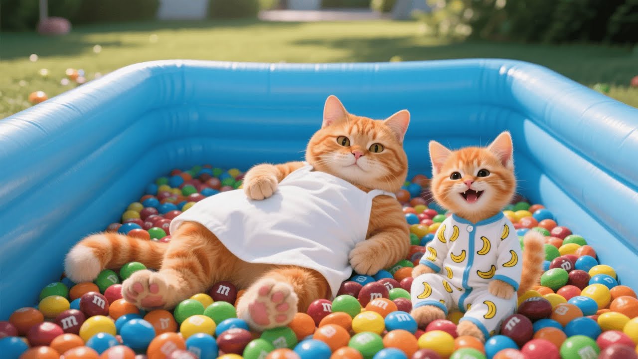 Ginger Kitten Accidentally Buys Too Much Candy &mdash; Mama Cat Turns the Pool into a Candy Paradise 🍭🐱