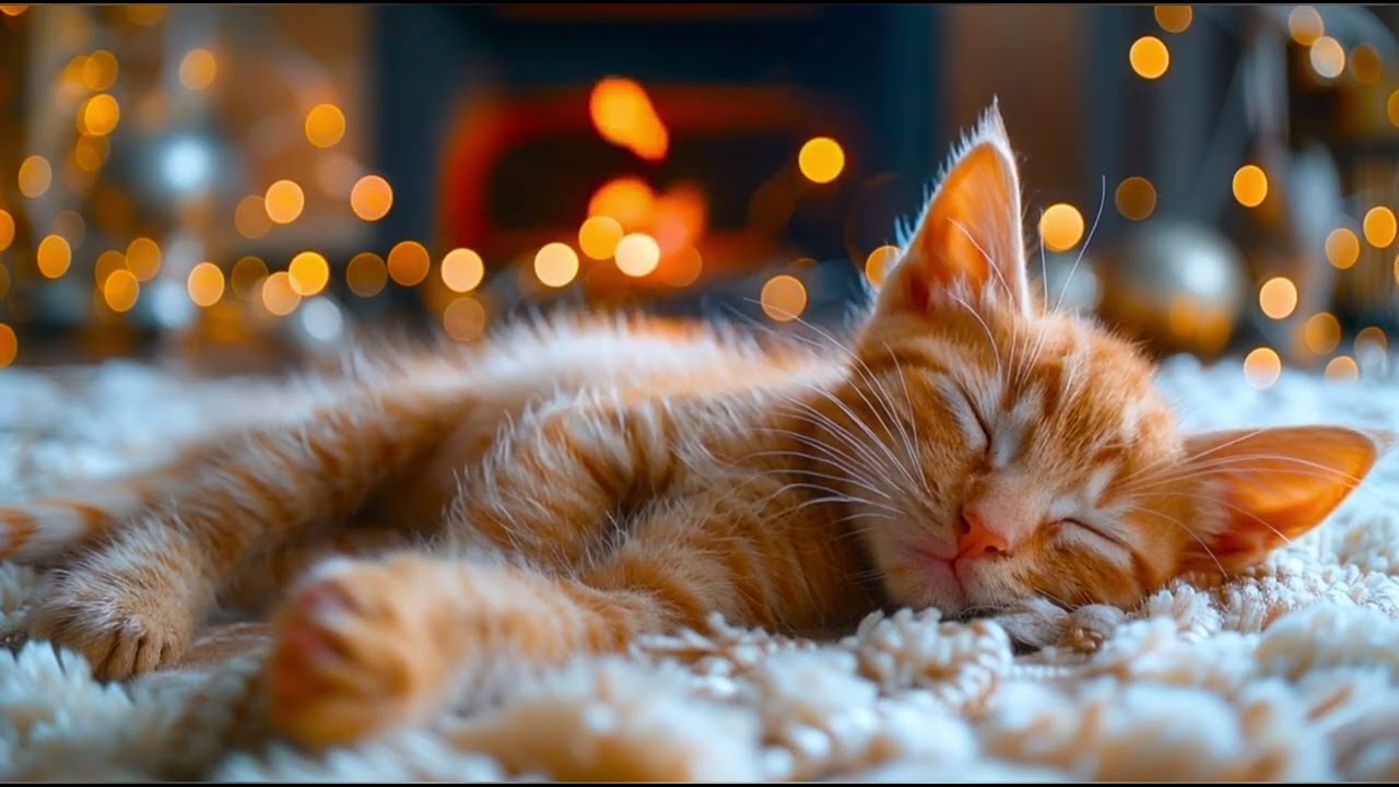 Cozy Retreat: Gentle Ginger Kitten Sleeping by the Fireplace – Crackling Logs, Soft Purring & Relax