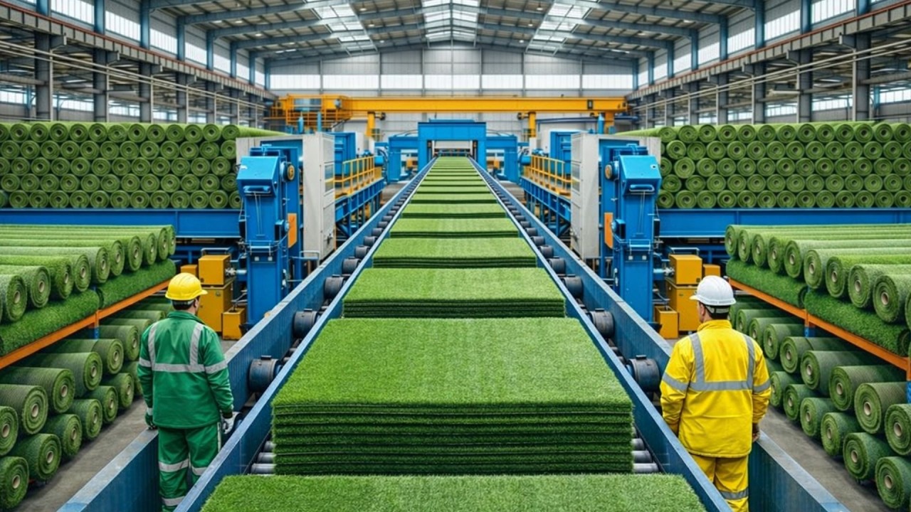 HOW SYNTHETIC FOOTBALL TURF IS MADE IN MASSIVE PRODUCTION LINES — 270 MILLION FT² PER YEAR