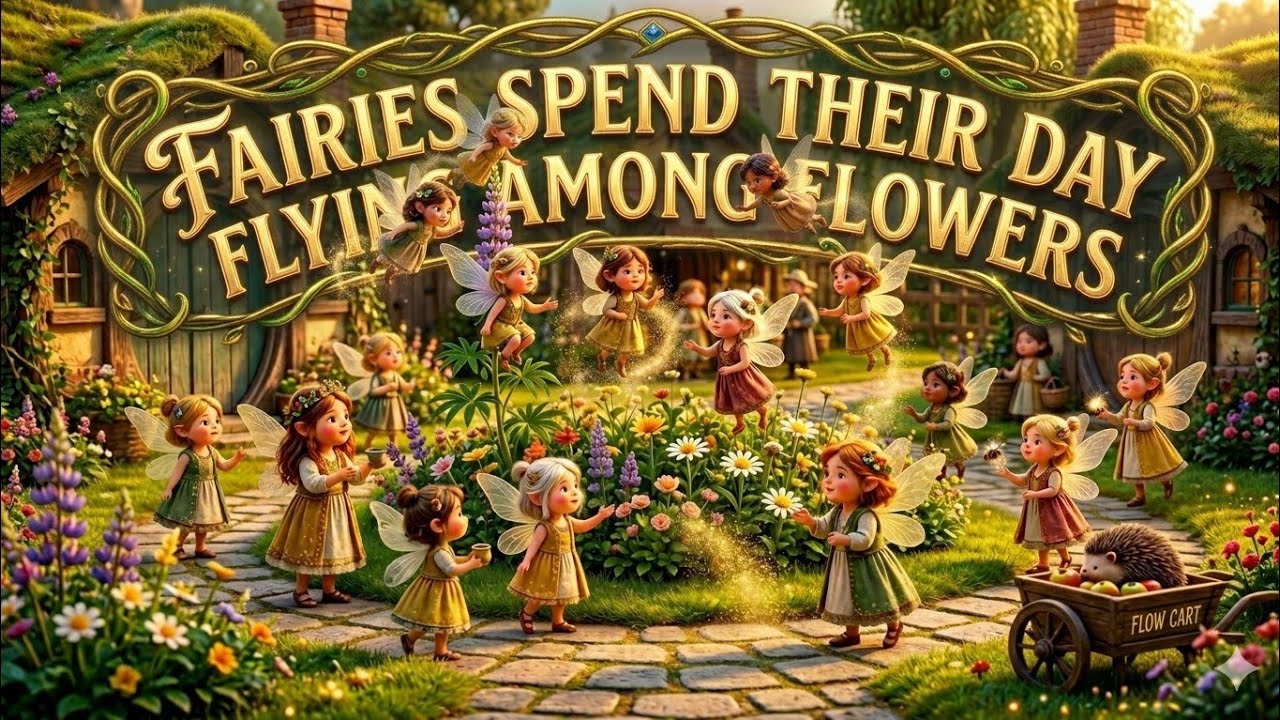 In the Hobbit village, fairies spend their day flying among flower, playing, ,sprinkling golden dust