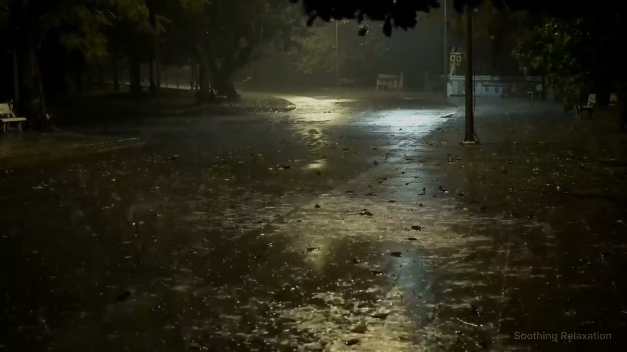 Fall asleep fast with heavy rain and loud thunder sounds on the night road