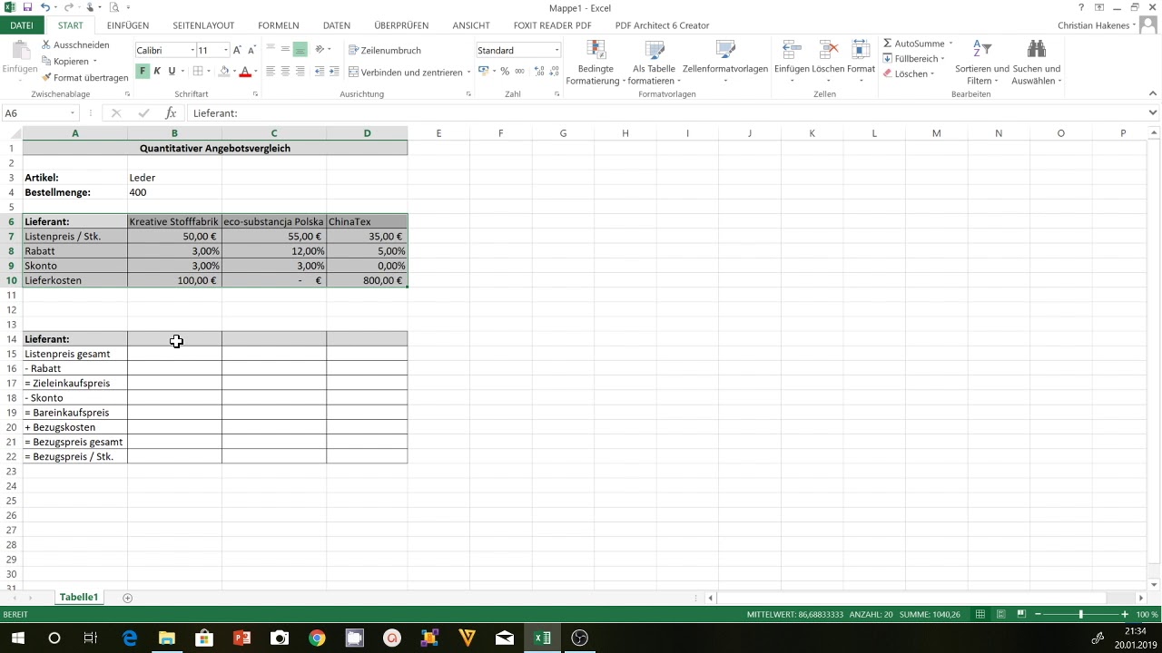 Angebotsvergleich Excel: Excel Vorlage quantitativer Angebotsvergleich erstellen - Bezugskalkulation
