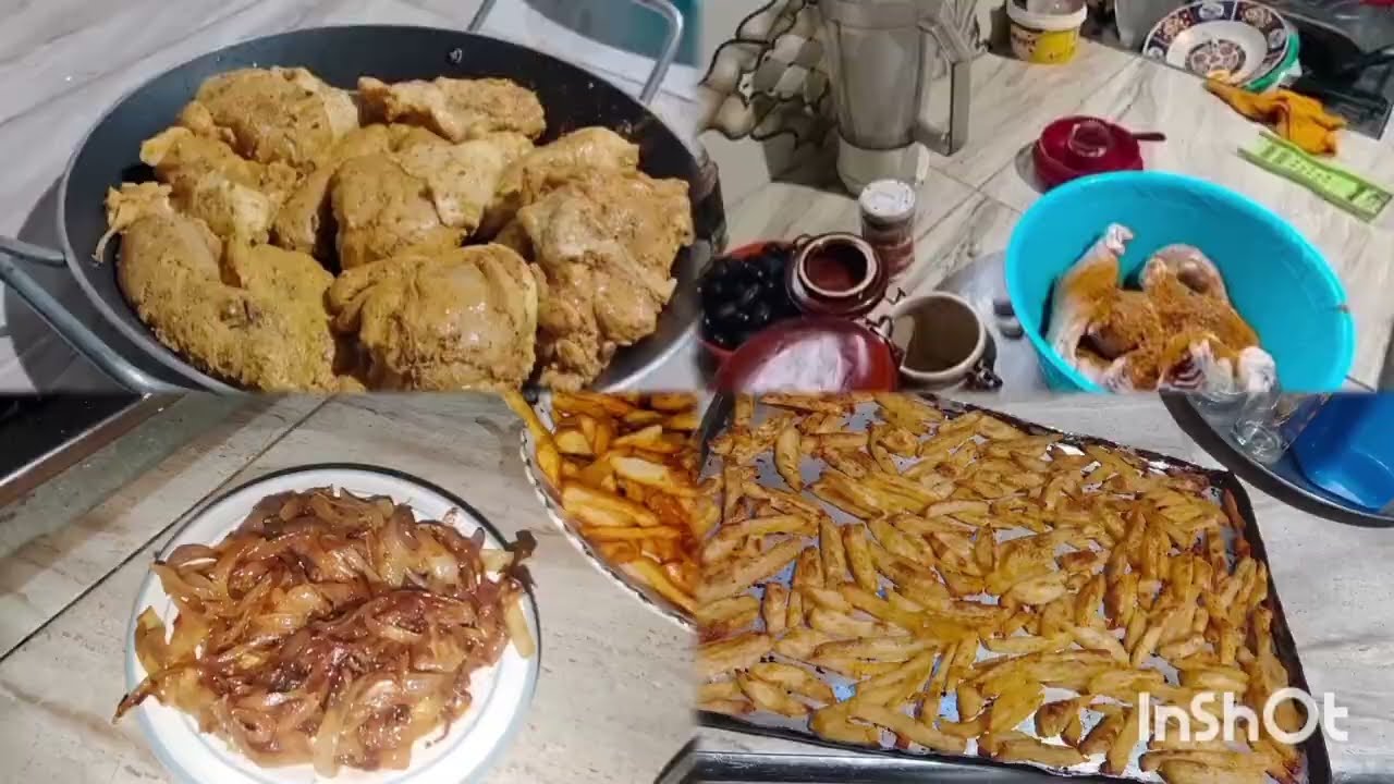 قطع دجاج محمرا في الفرن + شرائح البطاطس في الفرن +البصل معسل في الميقلاة .