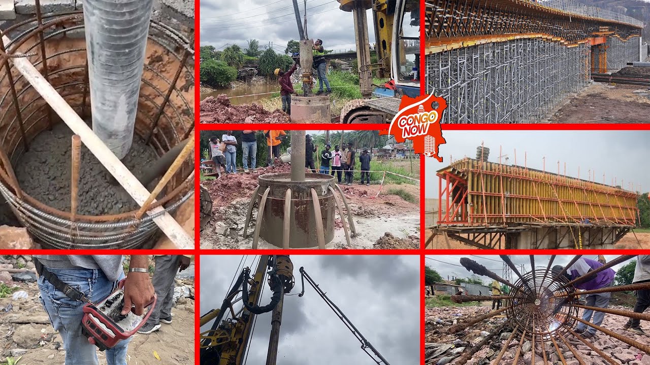 Coulage des pieux en béton à la rivière Ndjili un pont géant de 40 mètres en construction