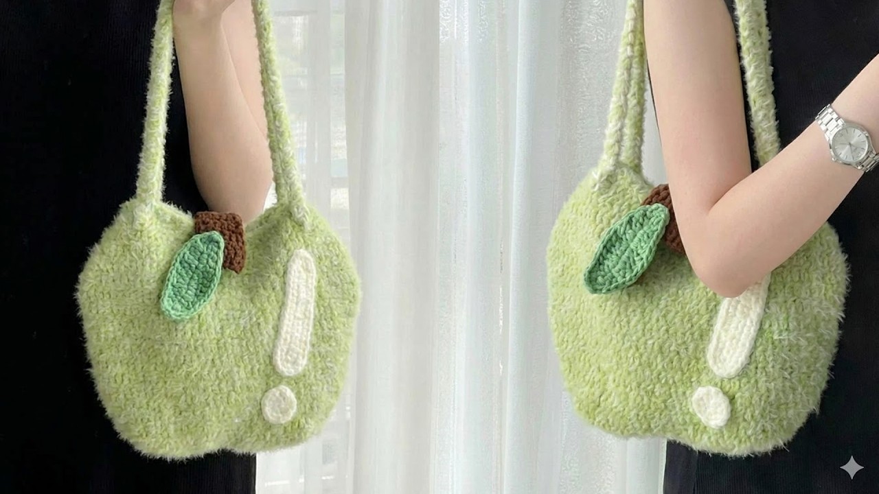 钩织青苹果包包（上部分）--Crocheted green apple bag (top part)