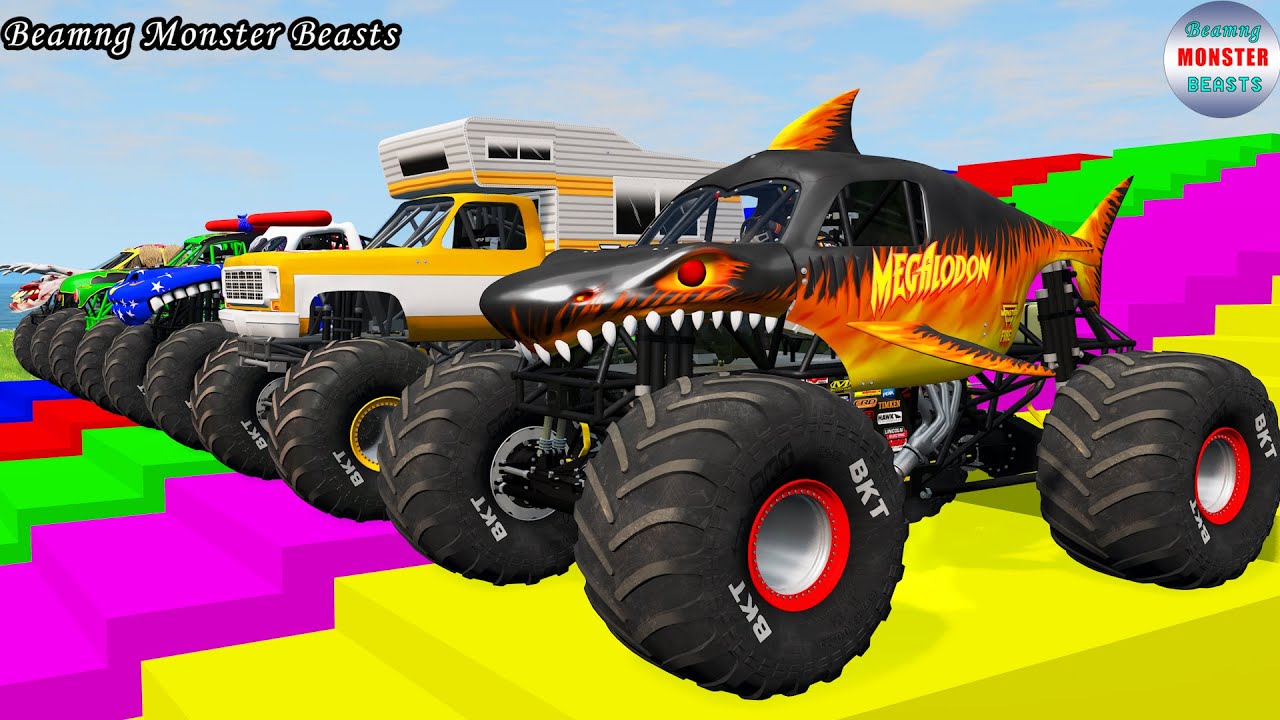 Monster Truck Transport on Triple Flatbed Trailer &ndash; BeamNG Monster Beasts #141