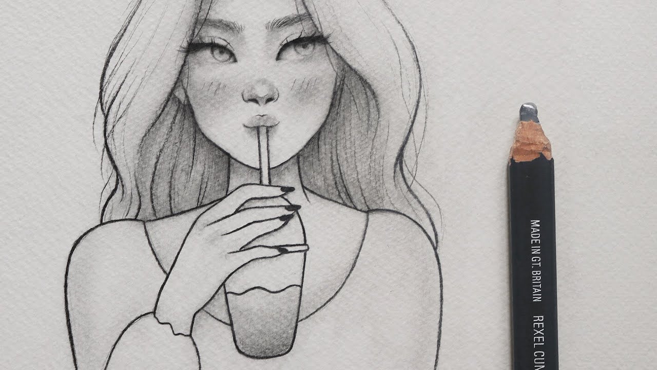 تعلم الرسم : كيف ترسم بورتريه فتاه تمسك بكوب عصير | رسم كرتوني بالرصاص للمبتدئين