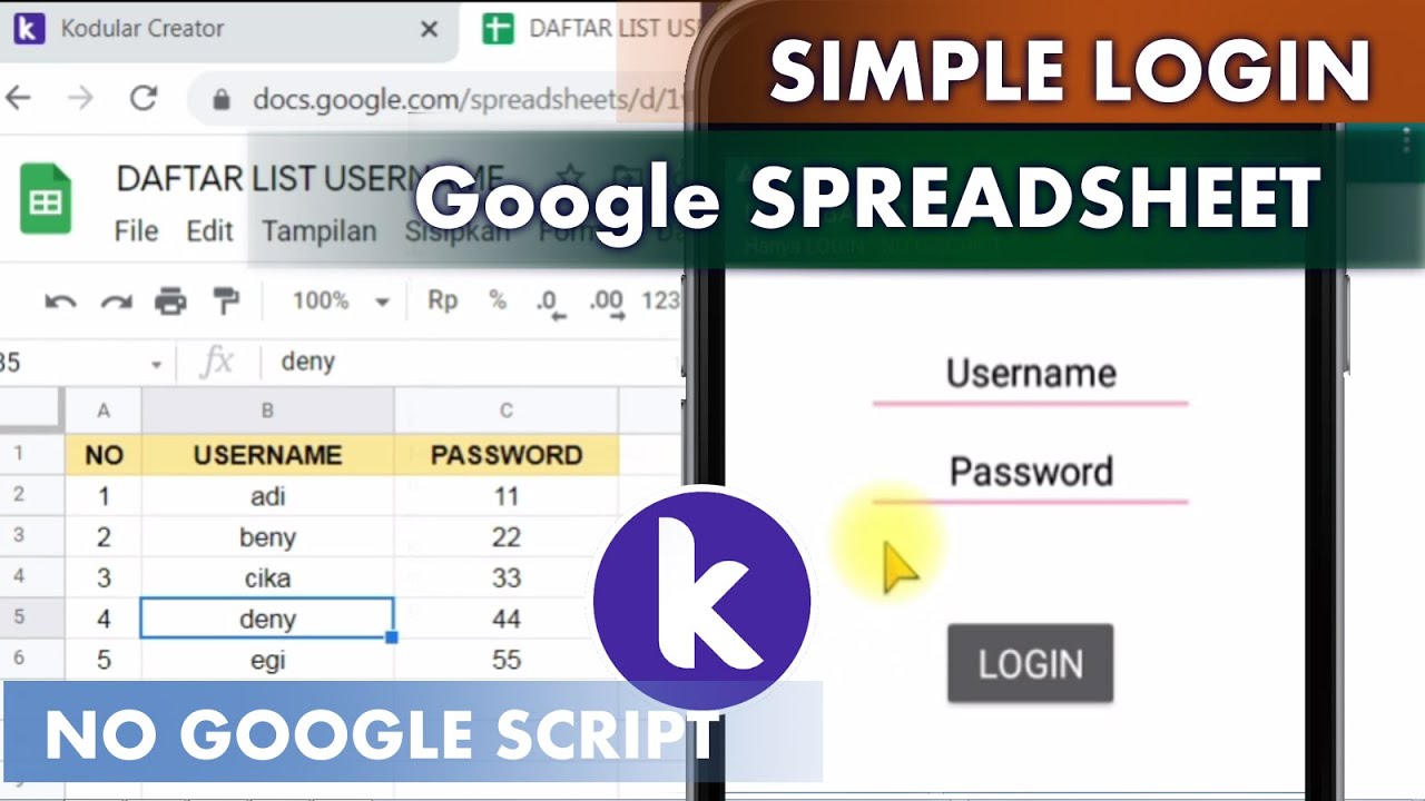 CARA MEMBUAT LOGIN SEDERHANA DARI DATA SPREADSHEET - NO GOOGLE SCRIPT | Untuk Pemula - KODULAR