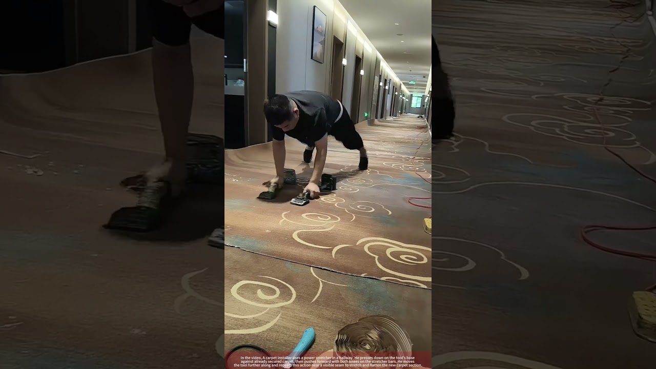 Installer Knees Carpet Power Stretcher Tightening a Seam