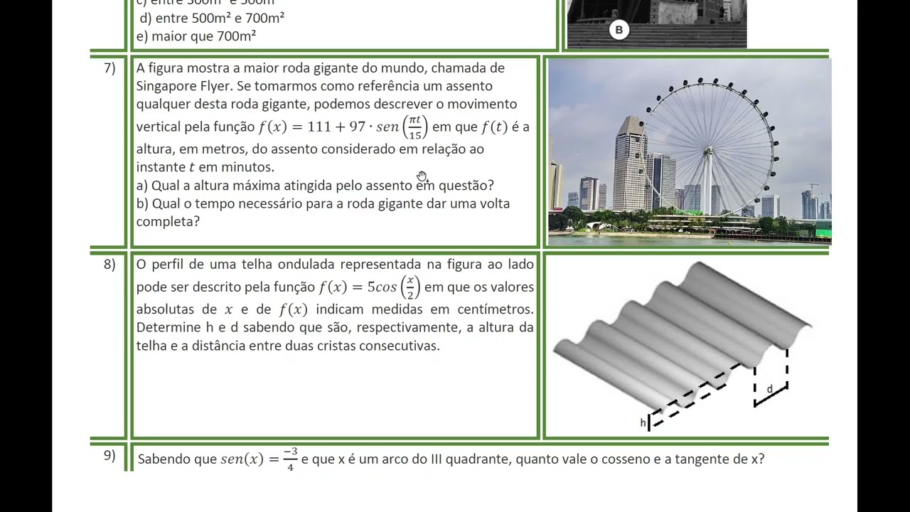 Exercícios de funções trigonométricas e modelos periódicos.
