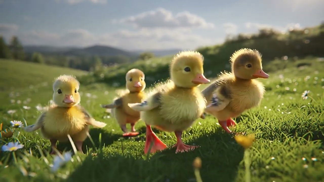 Yellow Ducklings Enjoying a Warm, Sunny Day in a Grassy Field